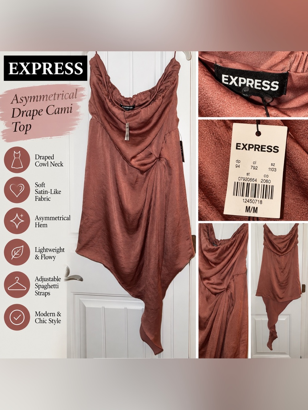 Express Satin Cowl Neck Asymmetrical Draped Dress Mauve Medium M NWT